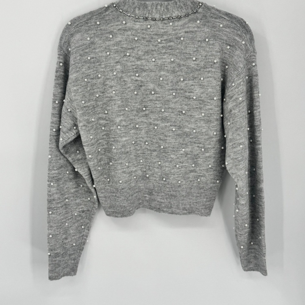 ASTR the Label Faux Pearl Embellished Cropped Cardigan Light Gray Women's Small - Picture 6 of 8